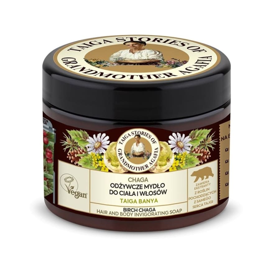 RECEPTY BABUSHKI AGAFI TAIGA STORIES. HAIR AND BODY INVIGORATING SOAP BIRCH CHAGA, 300 ML