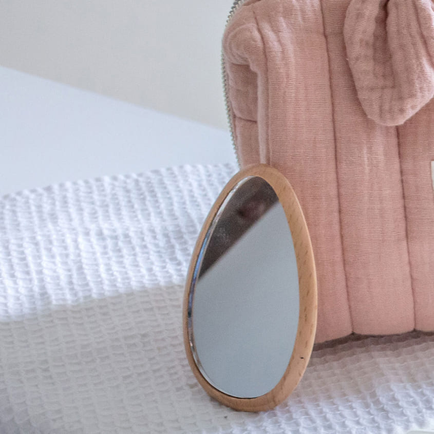 WOODEN HAND MIRROR + COTTON POUCH
