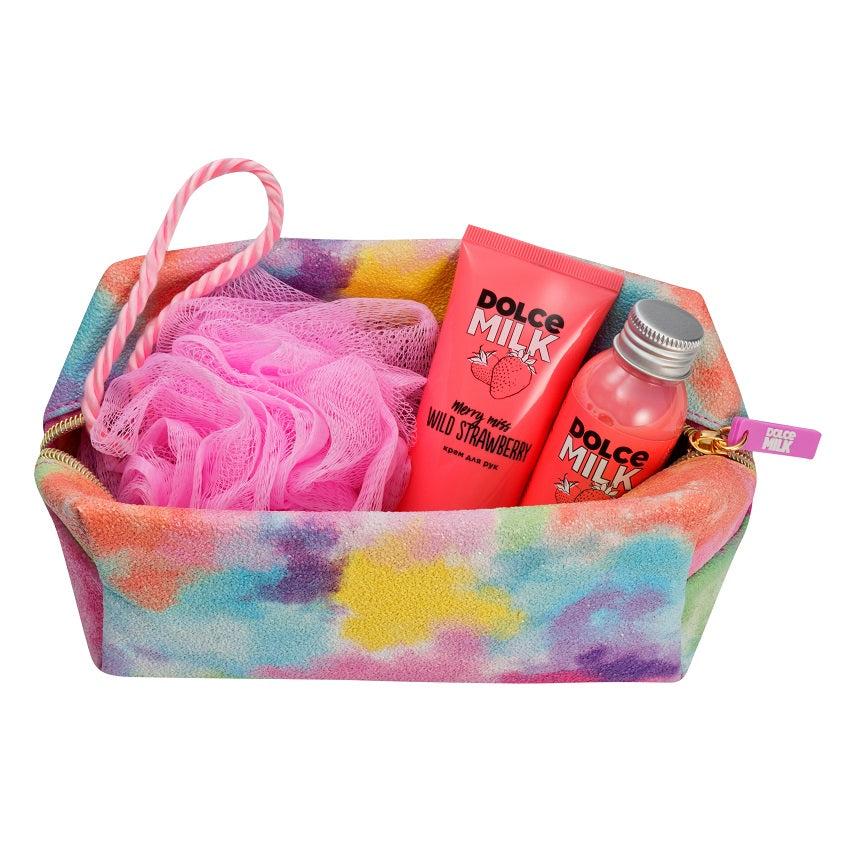 DOLCE MILK Set 243 (s.g.100ml + h.c.75ml Merry Miss Wild Strawberry + sponge pink)cosm.bag