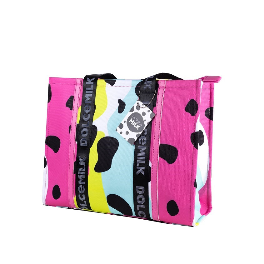 Women's Shopping Bag, Cow spots pink-green