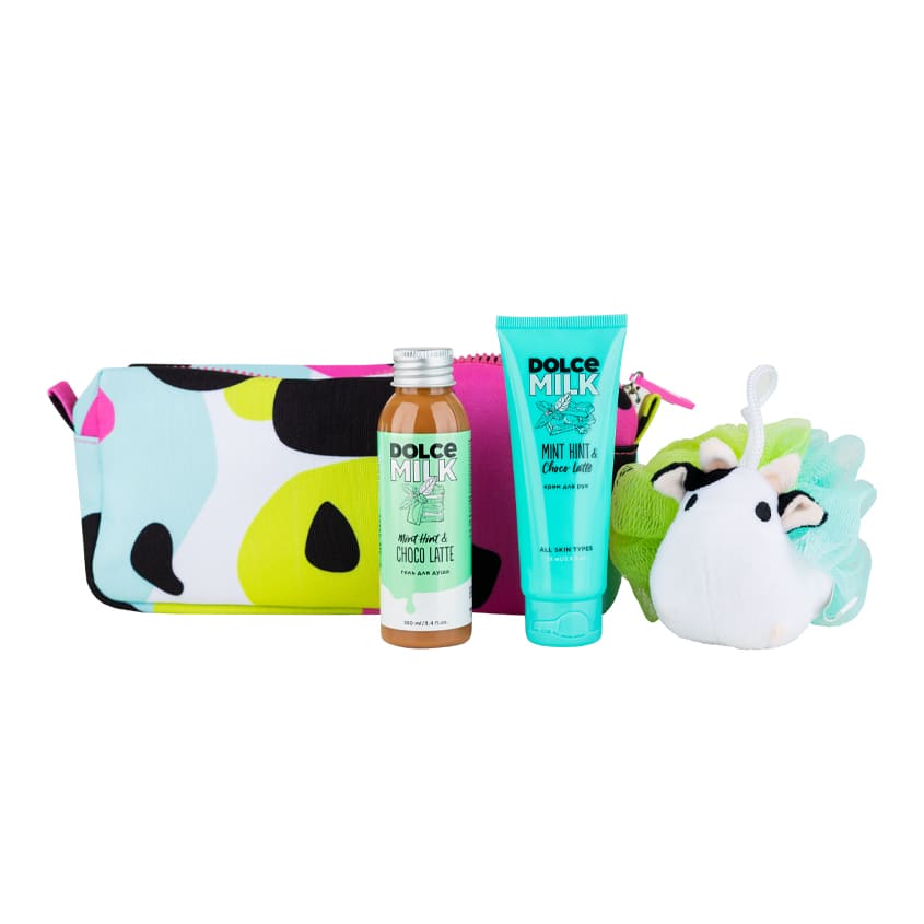 DOLCE MILK Set 300 (shower gel Mint+hand cream Mint+sponge cow) cosmetic bag