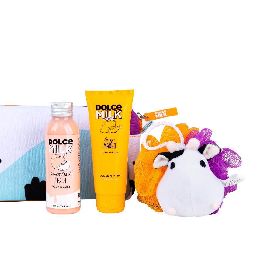 DOLCE MILK Set 301 (shower gel Peach+hand cream Mango+sponge cow) cosmetic bag