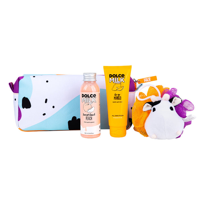 Set 301 (shower gel Peach+hand cream Mango+sponge cow) cosmetic bag