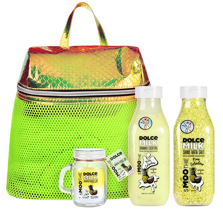 DOLCE MILK SET 311 (bath shimmer salt+smoothie shower gel Pino Coladino 400ml+candle Pino Coladino 85g)bag – متجر إلكتروني