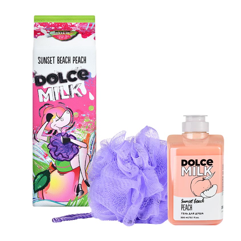 DOLCE MILK Set 325 (sponge violet + shower gel Sunset beach peach 300 ml) bag – buy online