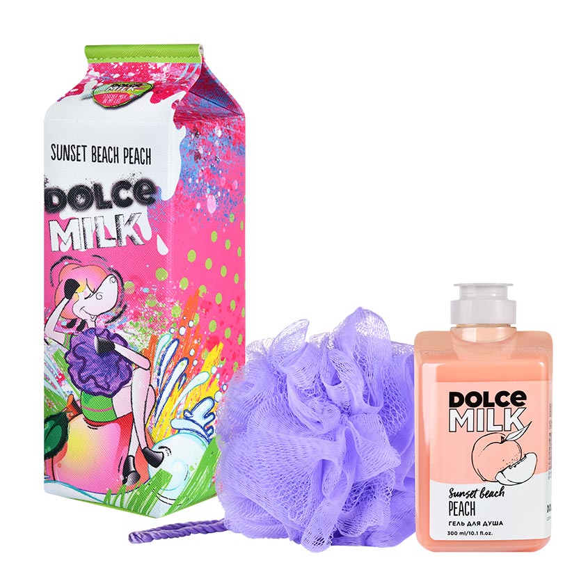DOLCE MILK Set 325 (sponge violet + shower gel Sunset beach peach 300 ml) bag