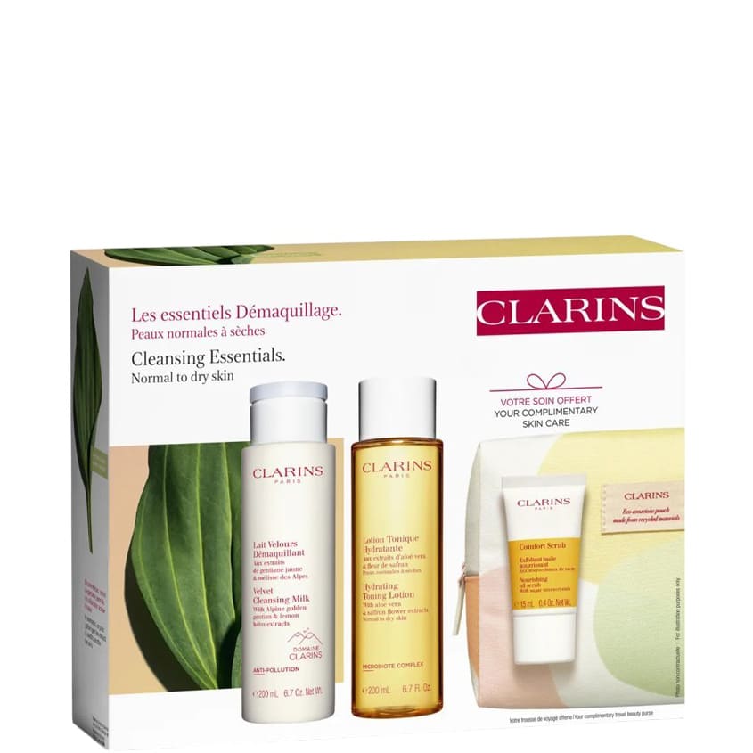 CLARINS SET(VELVET CLEANSING 200ML+HYDRATING LOTION 200ML+COMFORT SCRUB 15ML+CLEANSING PURSE)