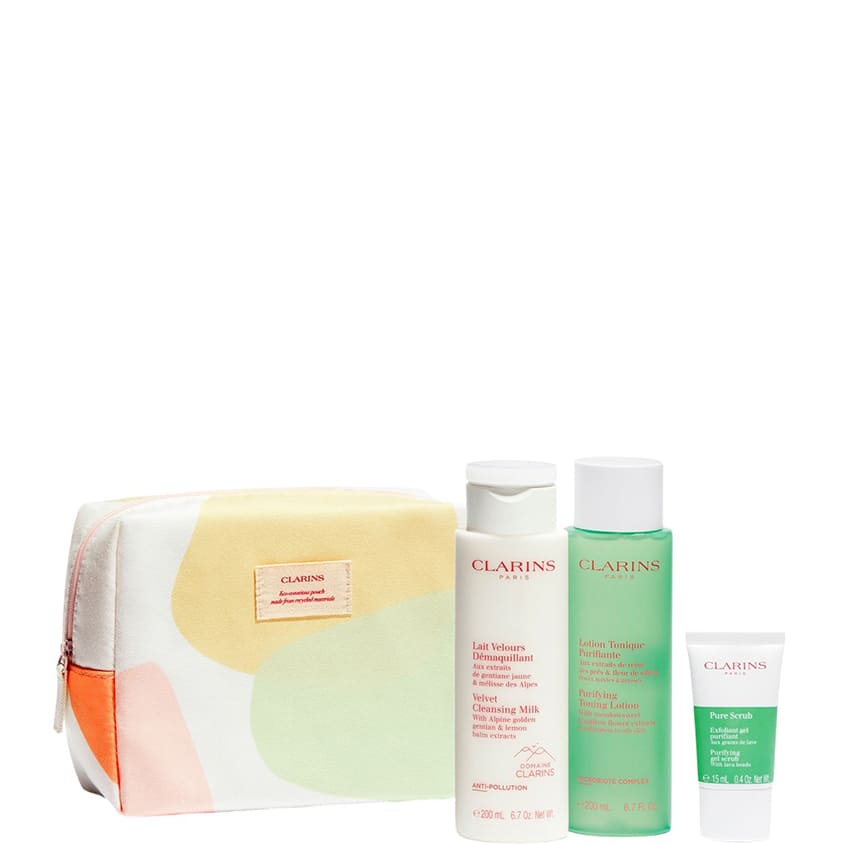 CLARINS SET(VELVET CLEANSING 200ML+PURIFYING LOTION 200ML+PURE SCRUB 15ML+CLEANSING PURSE)