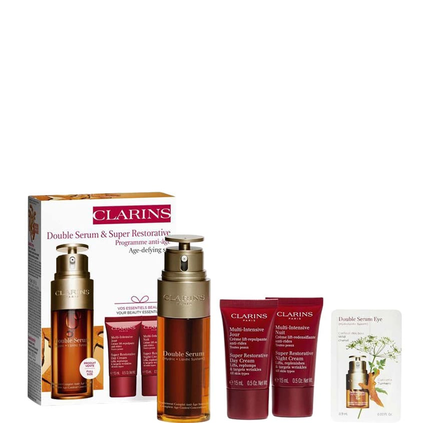 CLARINS SET(DOUBLE SERUM 50ML+SUPER RESTORATIVE DAY CREAM 15ML+NIGHT CREAM 15ML+DOUBLE SERUM EYE 0.9ML)