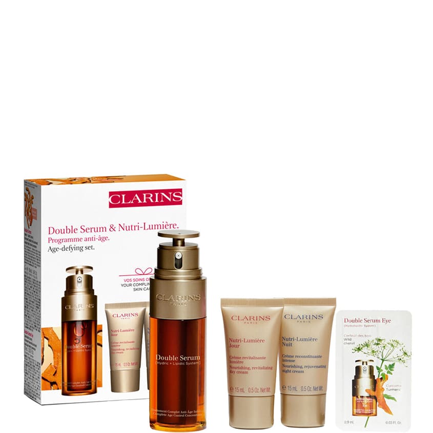 CLARINS SET(DOUBLE SERUM 50ML+NUTRI-LUMIERE DAY CREAM 15ML+NIGHT CREAM 15ML+DOUBLE SERUM EYE 0.9ML)