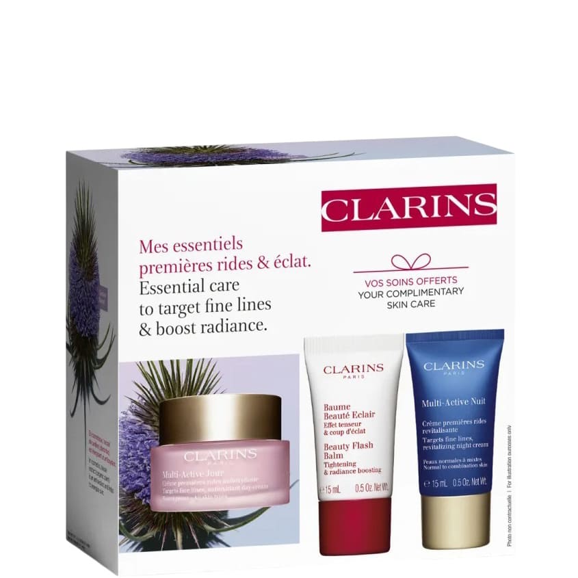 CLARINS SET(MULTI-ACTIVE DAY CREAM 50ML+MULTI-ACTIVE NIGHT CREAM NORMAL SKIN 15ML+BEAUTY FLASH BALM 15ML)