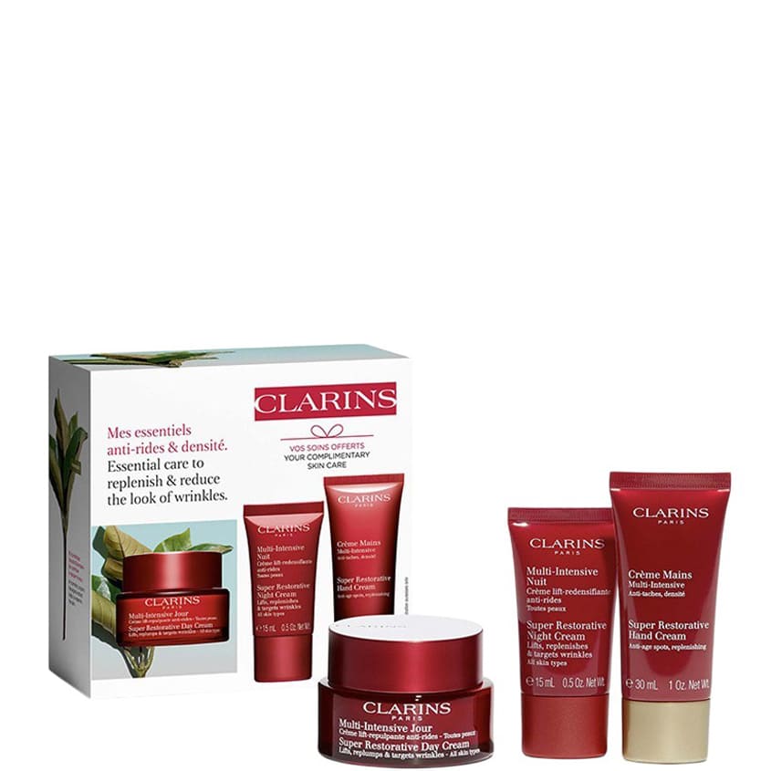 CLARINS SET(SUPER RESTORATIVE DAY CREAM 50ML+SUPER RESTORATIVE NIGHT CREAM 15ML+HAND CREAM 30ML)
