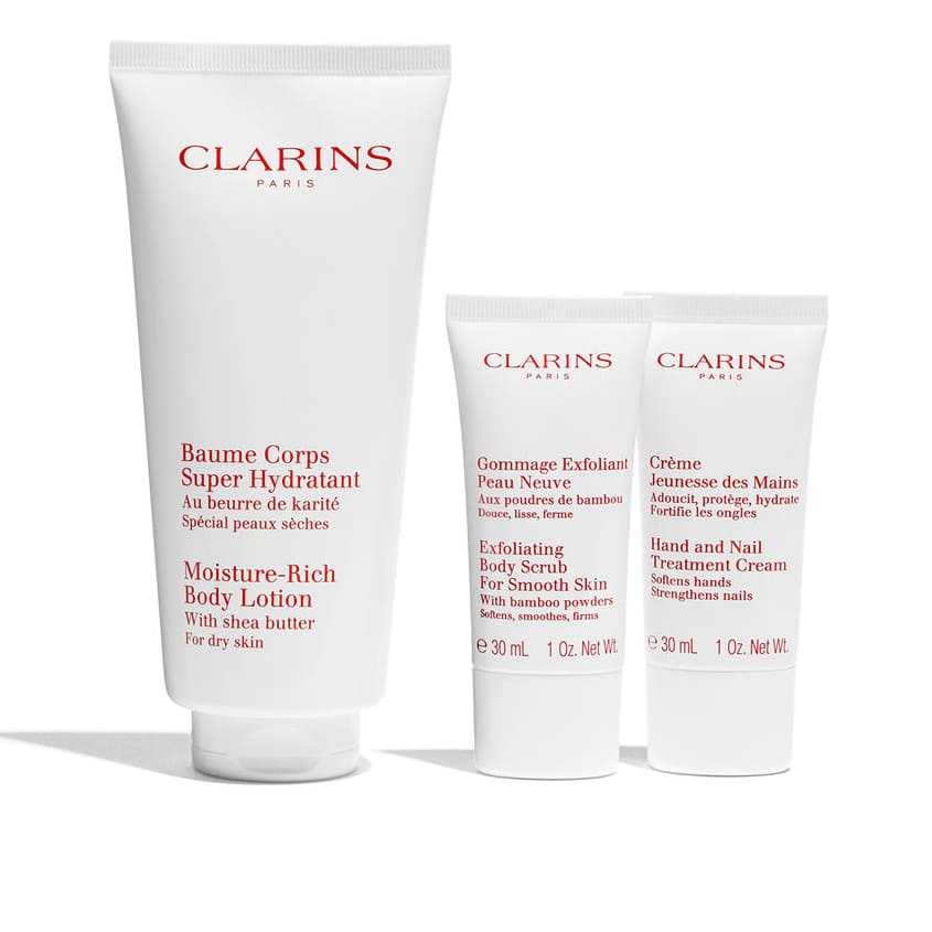 CLARINS SET(BODY LOTION 200ML+BODY SCRUB FOR SMOOTH SKIN 30ML+HAND AND NAIL TREATMENT CREAM 30ML) – free delivery