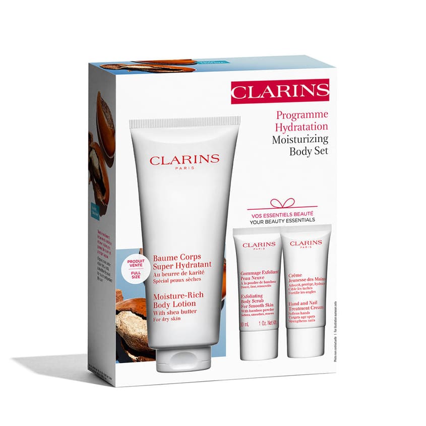 CLARINS SET(BODY LOTION 200ML+BODY SCRUB FOR SMOOTH SKIN 30ML+HAND AND NAIL TREATMENT CREAM 30ML)