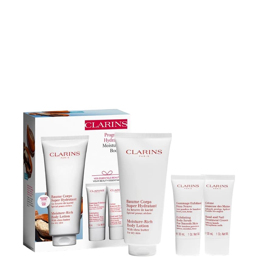 CLARINS SET(BODY LOTION 200ML+BODY SCRUB FOR SMOOTH SKIN 30ML+HAND AND NAIL TREATMENT CREAM 30ML) – online store