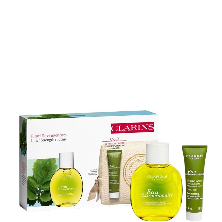 CLARINS SET(TREATMENT FRAGRANCE EAU EXTRAORDINAIRE 100ML+MILK SHOWER 30ML+EMPTY PURSE AROMA 100% WELL BEING)