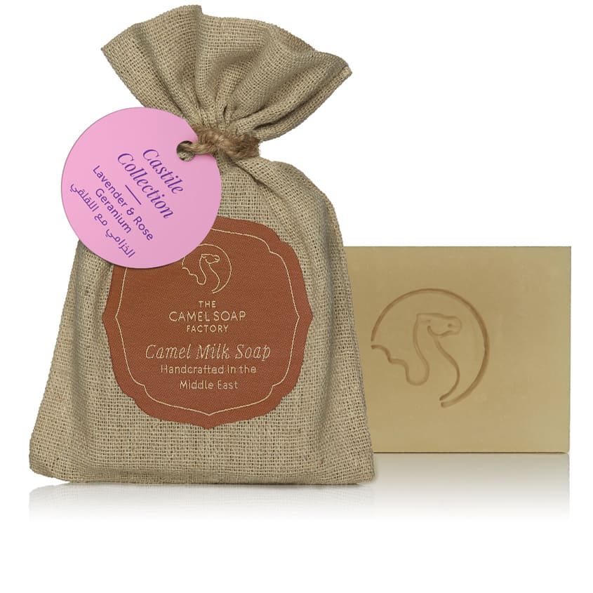 THE CAMEL SOAP FACTORY CASTILE COLLECTION - LAVENDER AND ROSE GERANIUM 95G