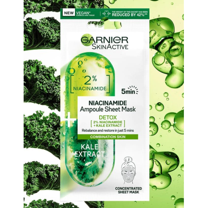 GARNIER TISSUE MASK AMPOULE 2% NIACINAMIDE AND KALE 15 ML – توصيل مجاني