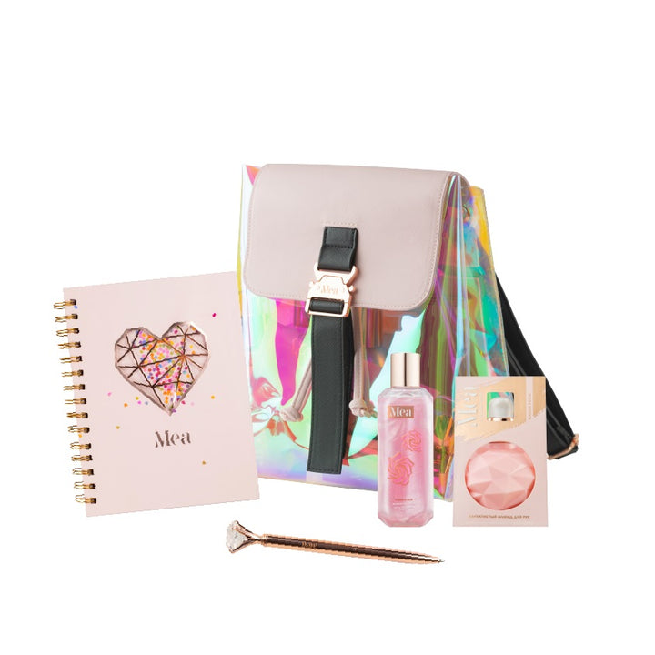 Set 48 Mea Backpack hologram pink (sh gel100+fluid100+pen+notebook)